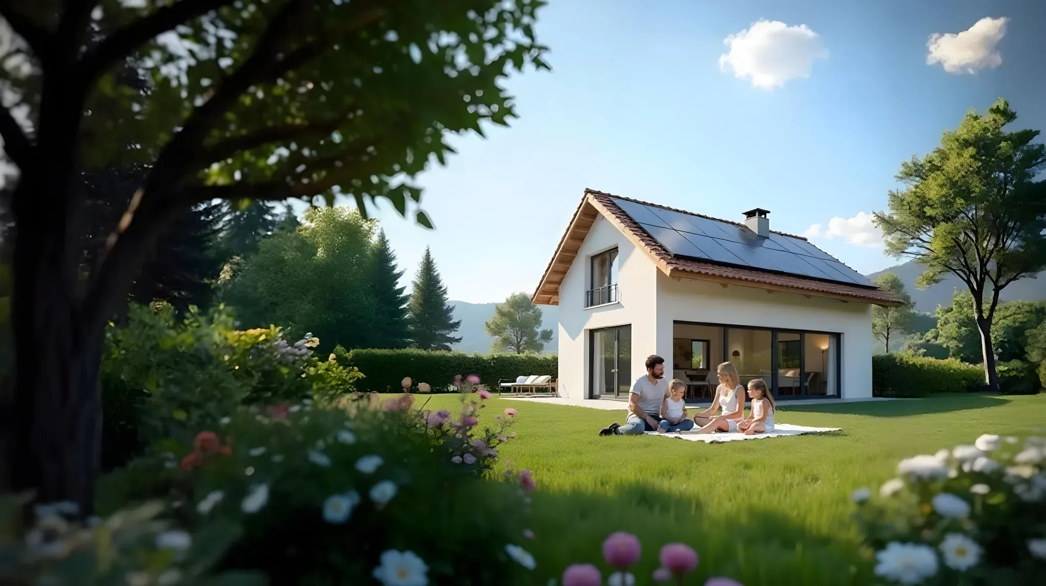 Eine Familie vor einem Haus mit Solaranlage auf dem Dach