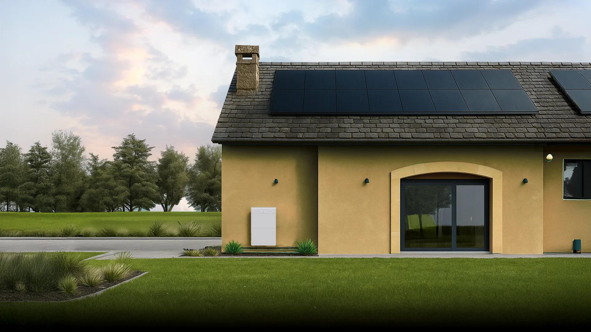 Haus mit Solaranlage und einem Batteriespeicher an der Außenwand