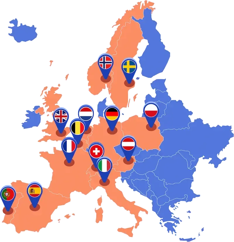 Eine Karte von Europa, auf der die 13 Länder, in denen Otovo aktiv ist, markiert sind.