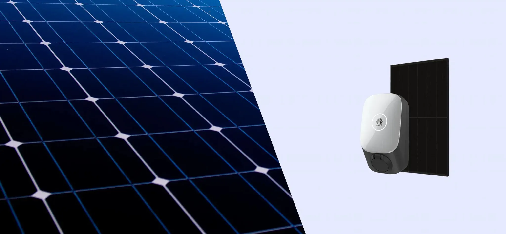 Eine Huawei Wallbox, im Hintergrund PV-Module.