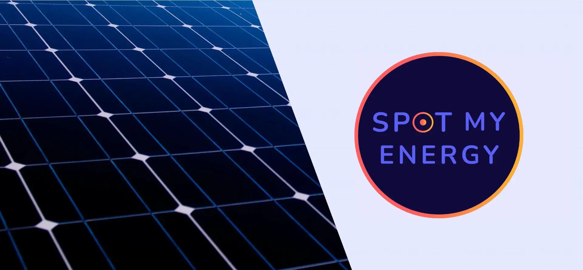 Das Logo von Spot My Energy, im Hintergrund PV-Module.